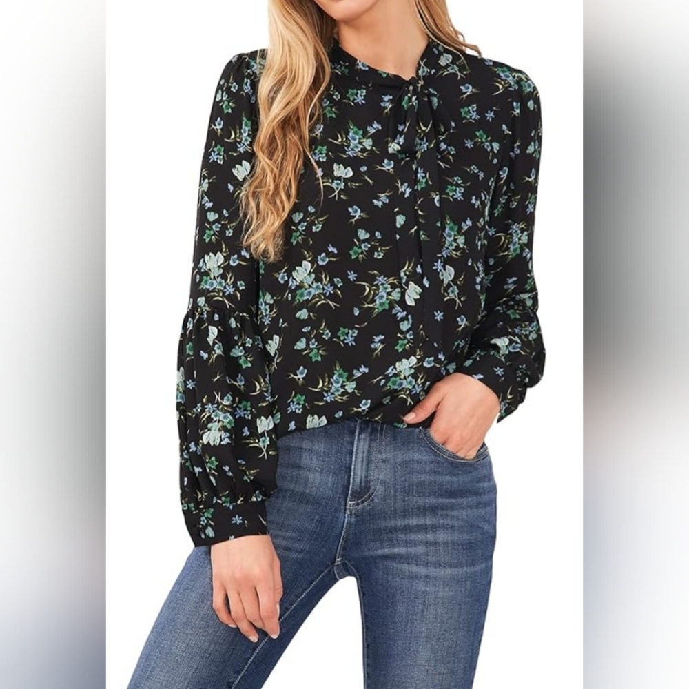 CeCe Black Floral Tie-Neck Blouse